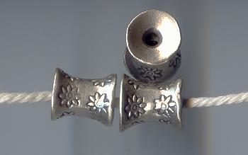 Thai Karen Hill Tribe Silver Beads Flower Printed Hourglass Beads BL179 (2 Beads)