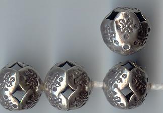 Thai Karen Hill Tribe Silver Beads Flower Printed Ball Bead BL260 (5 Beads)