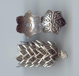Thai Karen Hill Tribe Silver Beads Flower Caps With Leaf Printed BL416 (10 Beads)